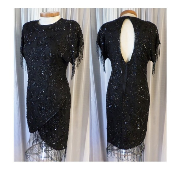 Vintage Laurence Kazar Silk Dress Black Fringe M - Picture 1 of 8